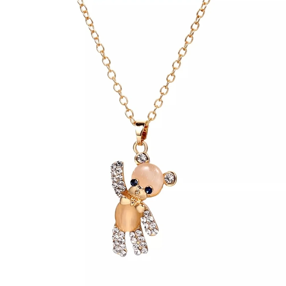 Gold Teddy Bear Cats Eye Gemstone Rhinestone Necklace Necklaces